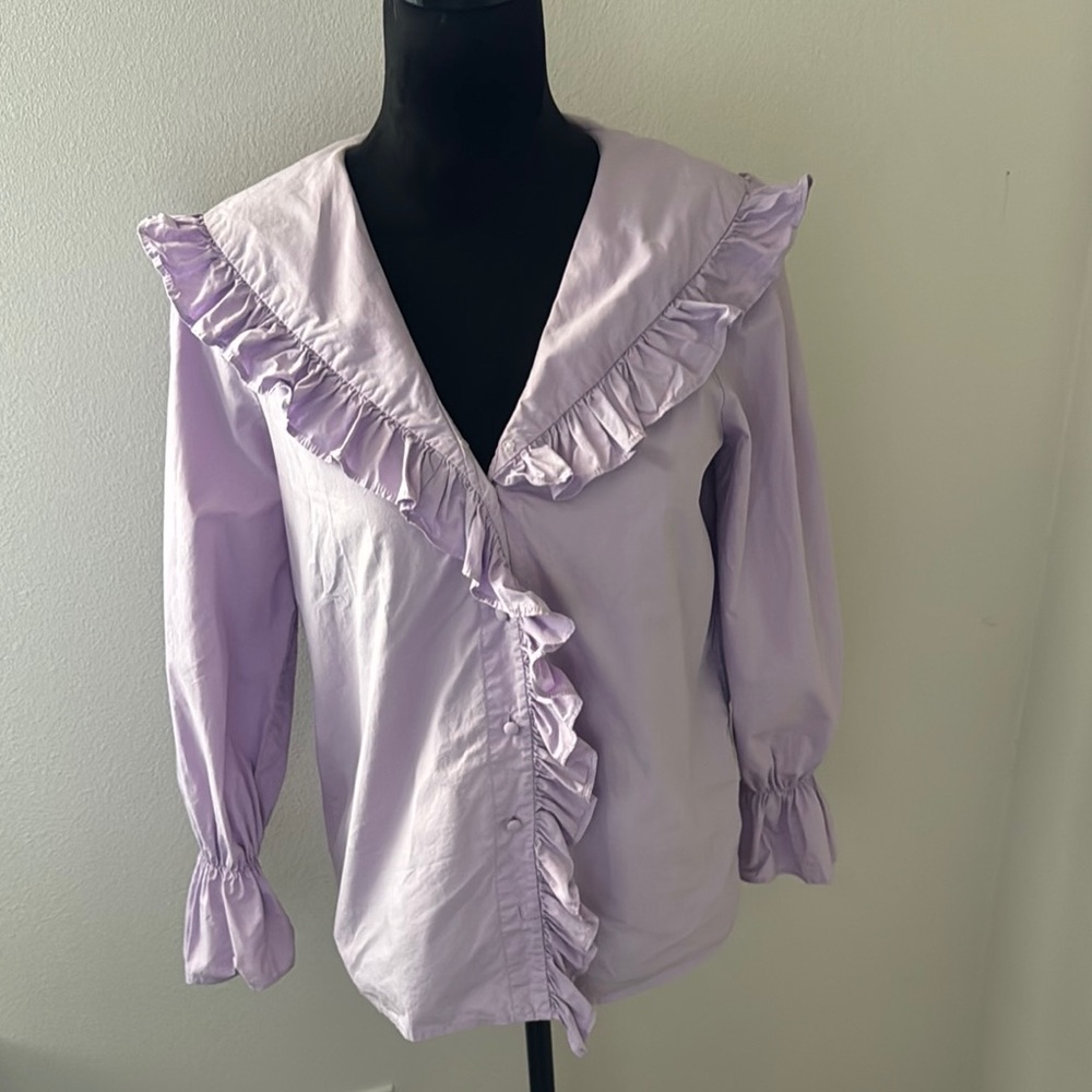 Urban Revivo Lilac ruffle collar button up blouse 3/4 painters sleeves cotton 4‎